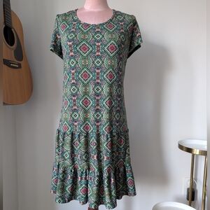 Drop Waist Paisley Dress Ruffles Stretch Knit S